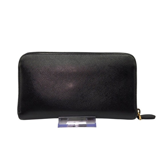 Prada Black Saffiano Leather Zip Around Continental Bow Wallet